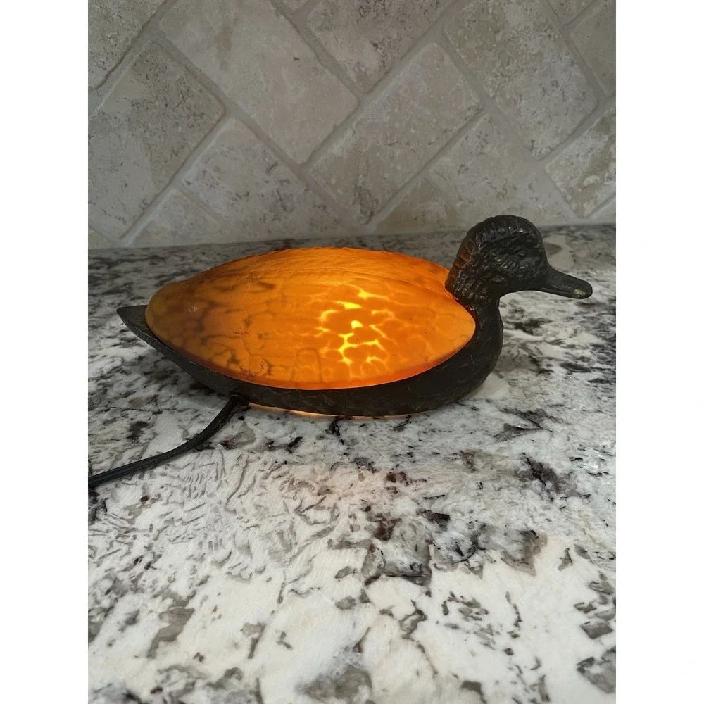 Vtg Duck Mallard Night Light Accent Table Lamp Cast Iron & Amber Glass Ambiance